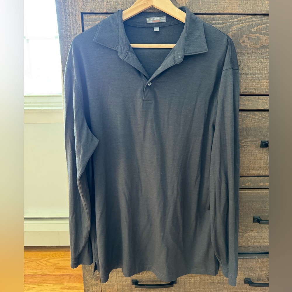 Peter Millar Charcoal Merino Wool Long Sleeve Polo